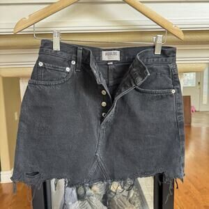 Agolde Womens Black Denim Distressed Button Fly Mid Rise Cut Off A-Line
